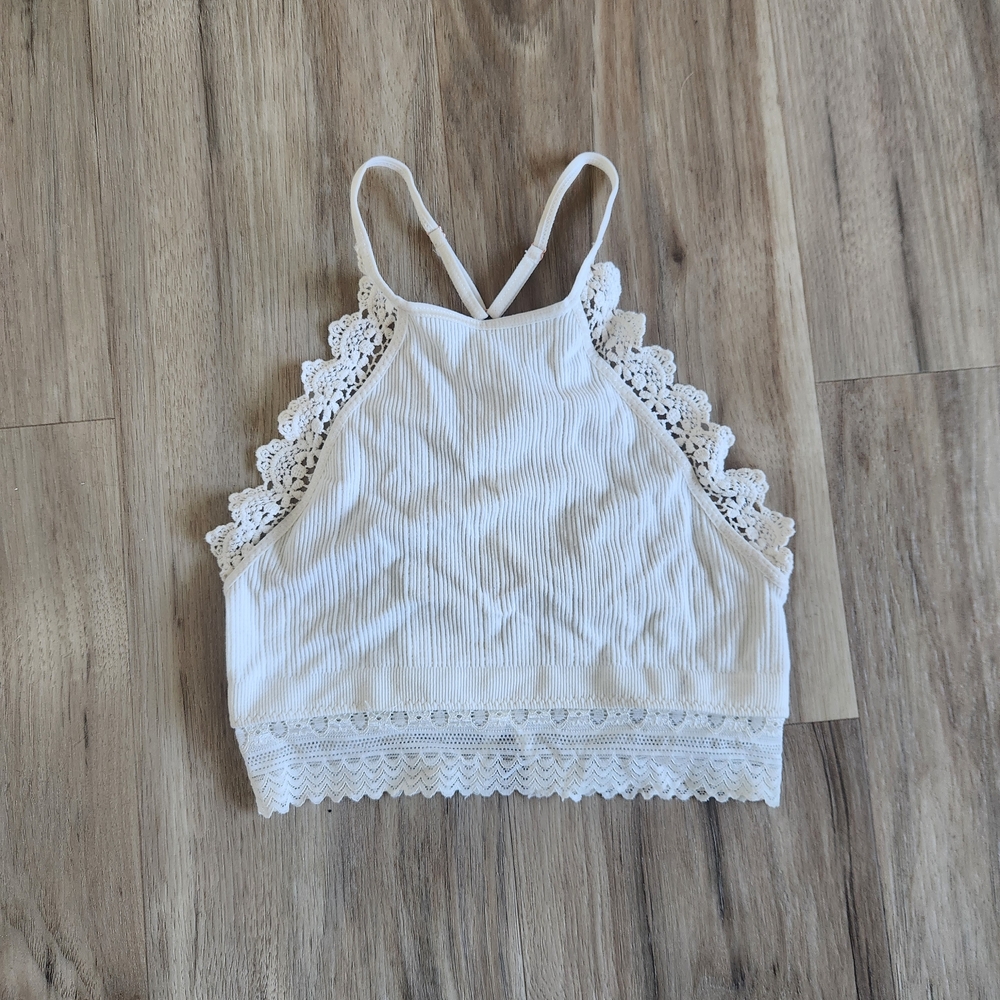 White Crochet Trim Ribbed Bralette Top
